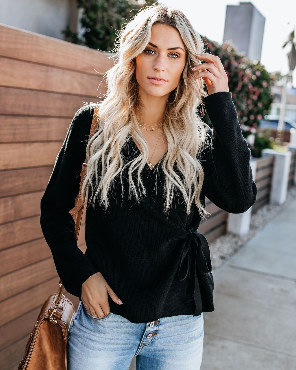 Damen Wickelpullover mit eleganten Bindebändern und lässigem V-Ausschnitt EB