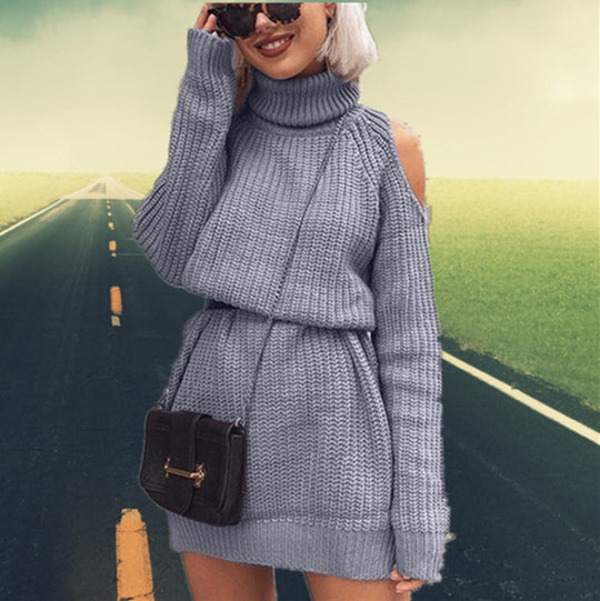 Damen Trendiger Strickpullover mit offener Schulter und hohem Kragen EB