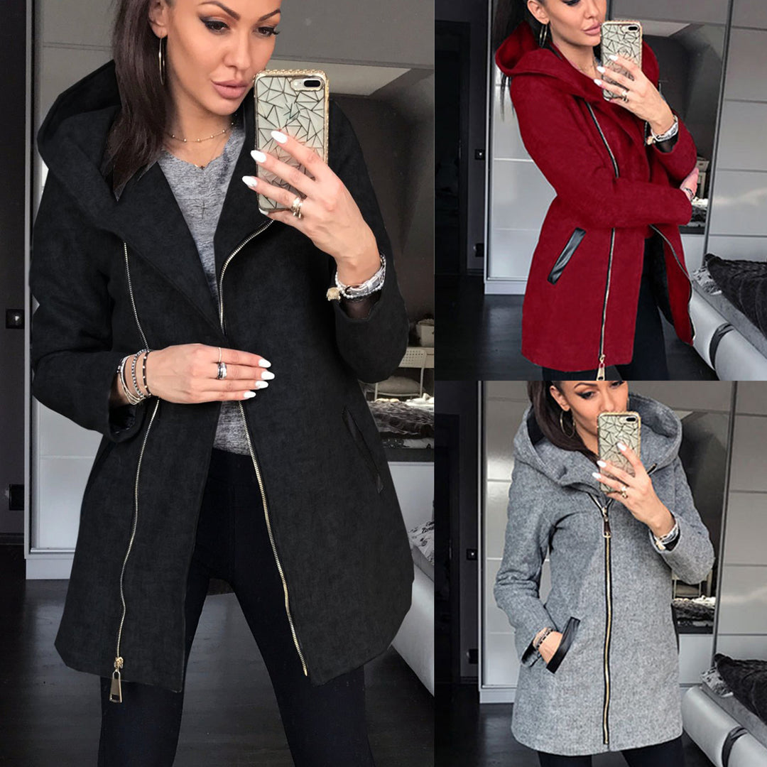 Damen modischer Kapuzenmantel mit asymmetrischem Reißverschluss und praktischen Taschen EB