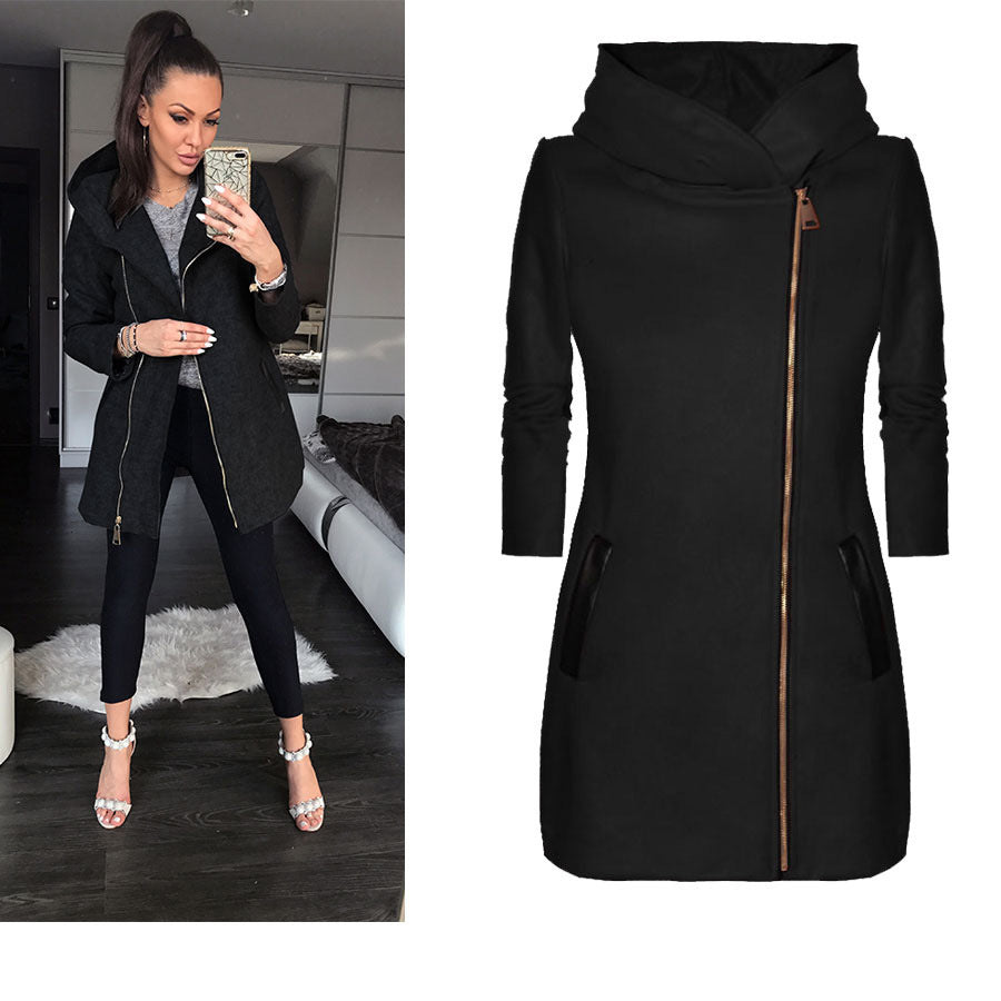Damen modischer Kapuzenmantel mit asymmetrischem Reißverschluss und praktischen Taschen EB
