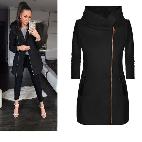 Damen modischer Kapuzenmantel mit asymmetrischem Reißverschluss und praktischen Taschen EB