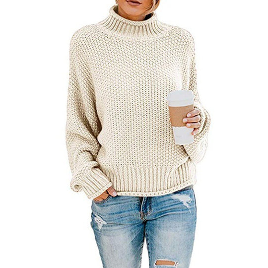 Damen Grobstrickpullover mit hohen Kragen und lockerem Design EB