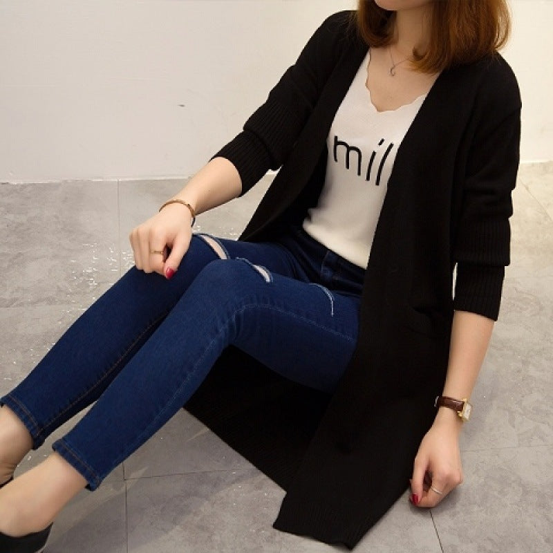 Damen Langer Strickcardigan mit offenen Vorderteilen und tiefen Taschen EB