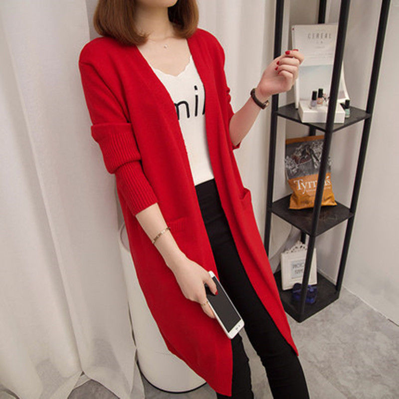 Damen Langer Strickcardigan mit offenen Vorderteilen und tiefen Taschen EB