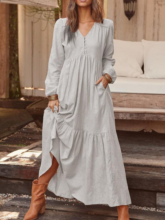 Damen nan luftiges Maxikleid mit V-Ausschnitt, langen Ärmeln und seitlichen Taschen EB