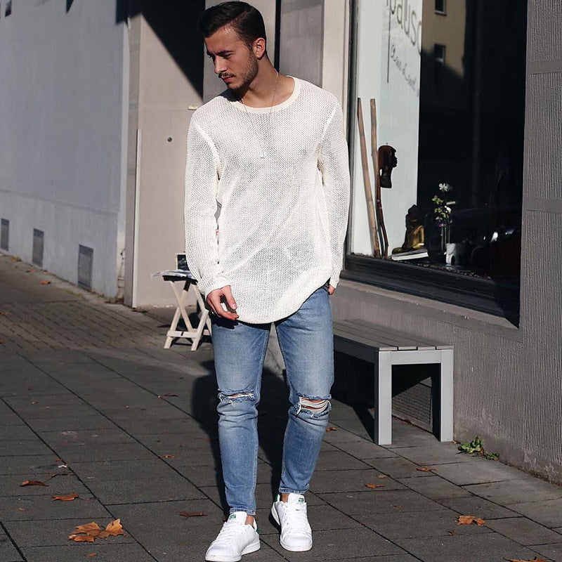 Herren langer Strickpullover mit strukturiertem Muster und lässigem Schnitt EB
