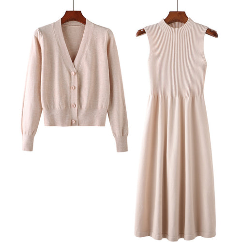 Damen Elegantes Strickkleid- und Cardigan-Set mit V-Ausschnitt und Rippstruktur EB