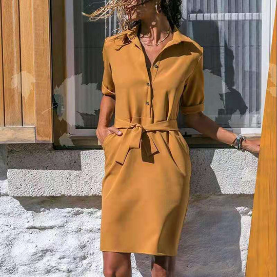 Damen Hemdkleid mit taillierbarem Bindegürtel und praktischen Taschen EB