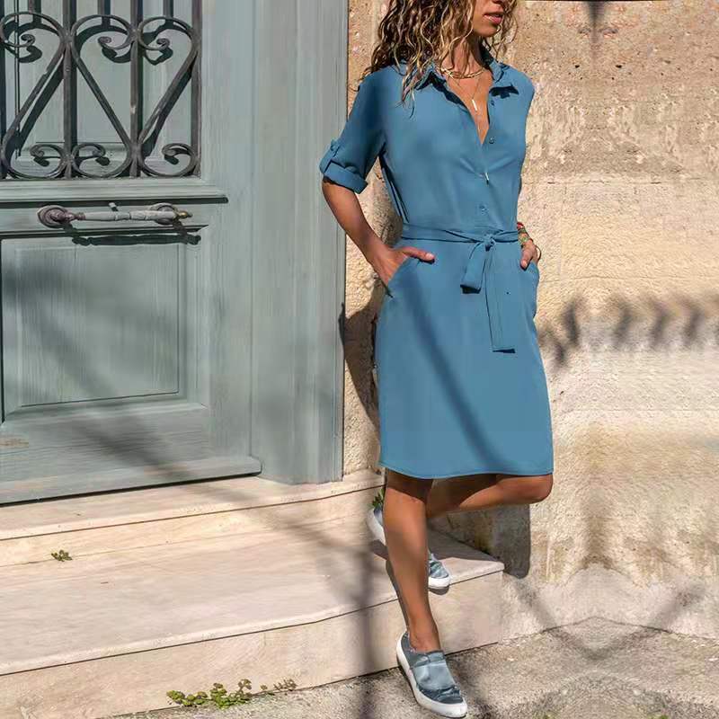 Damen Hemdkleid mit taillierbarem Bindegürtel und praktischen Taschen EB