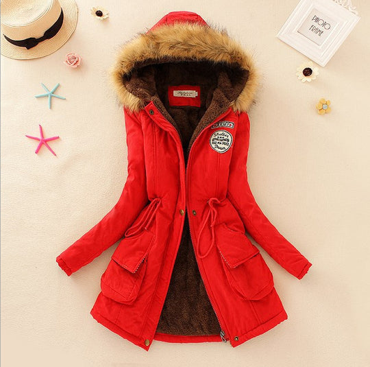 Damen Gesteppte Winterjacke mit Abnehmbarem Kunstfellkragen und Praktischen Aufgesetzten Taschen EB
