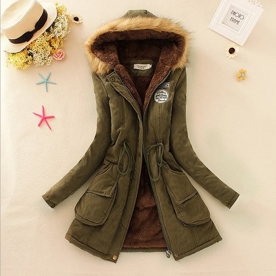 Damen Gesteppte Winterjacke mit Abnehmbarem Kunstfellkragen und Praktischen Aufgesetzten Taschen EB