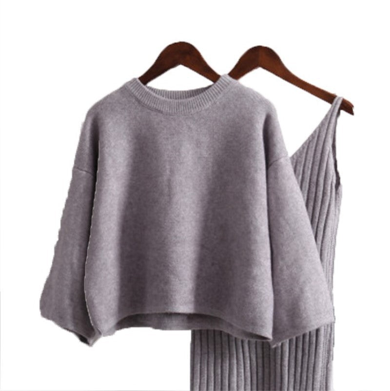 Damen Strick-Set mit lässigem Crop-Pullover und geripptem Maxikleid EB