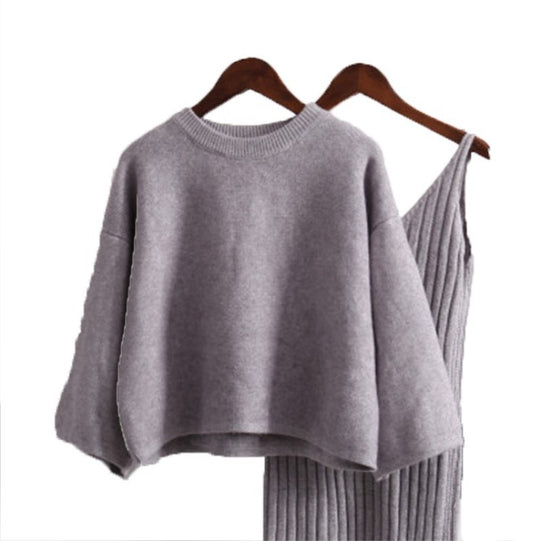 Damen Strick-Set mit lässigem Crop-Pullover und geripptem Maxikleid EB