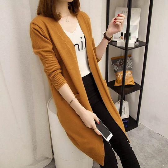 Damen Langer Strickcardigan mit offenen Vorderteilen und tiefen Taschen EB