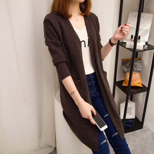 Damen Langer Strickcardigan mit offenen Vorderteilen und tiefen Taschen EB