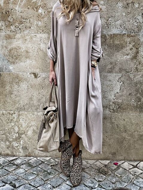 Damen komfortables Langarmkleid mit Knopfleiste und Seitentaschen EB