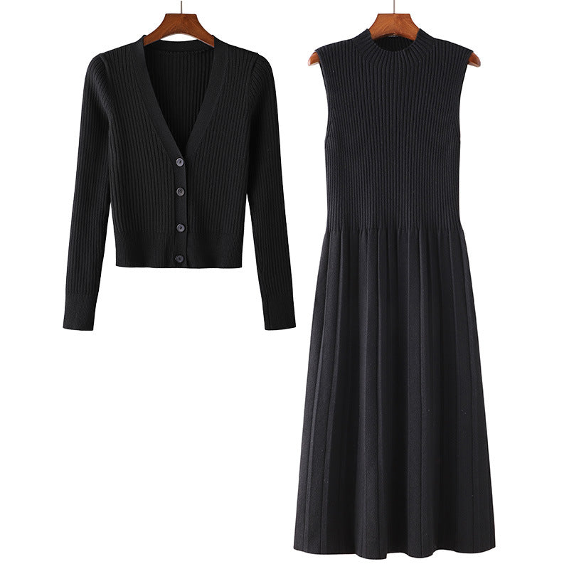 Damen Elegantes Strickkleid- und Cardigan-Set mit V-Ausschnitt und Rippstruktur EB