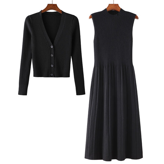 Damen Elegantes Strickkleid- und Cardigan-Set mit V-Ausschnitt und Rippstruktur EB
