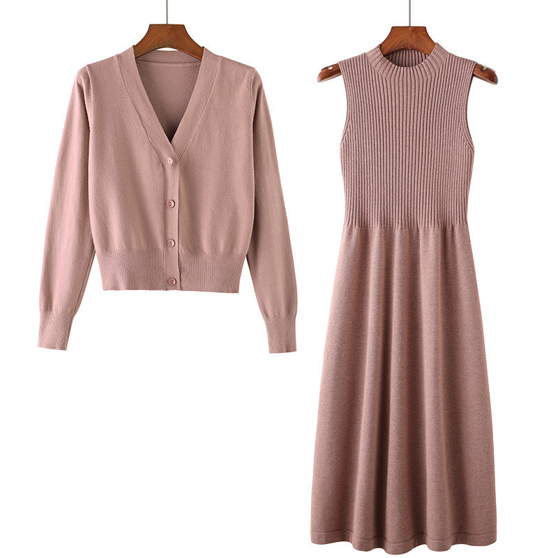 Damen Elegantes Strickkleid- und Cardigan-Set mit V-Ausschnitt und Rippstruktur EB