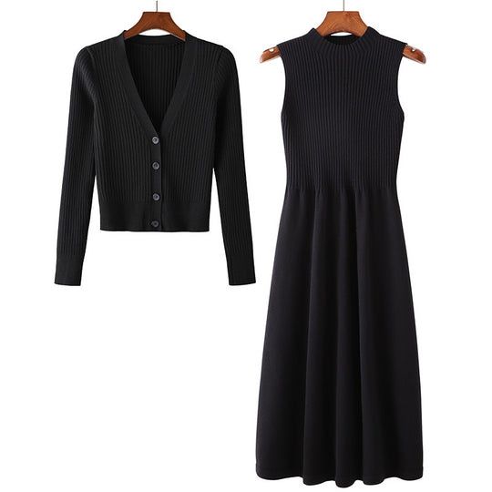 Damen Elegantes Strickkleid- und Cardigan-Set mit V-Ausschnitt und Rippstruktur EB