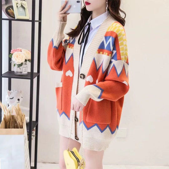 Damen Großer, gemusterter Strickcardigan mit Taschen und Knopfleiste EB