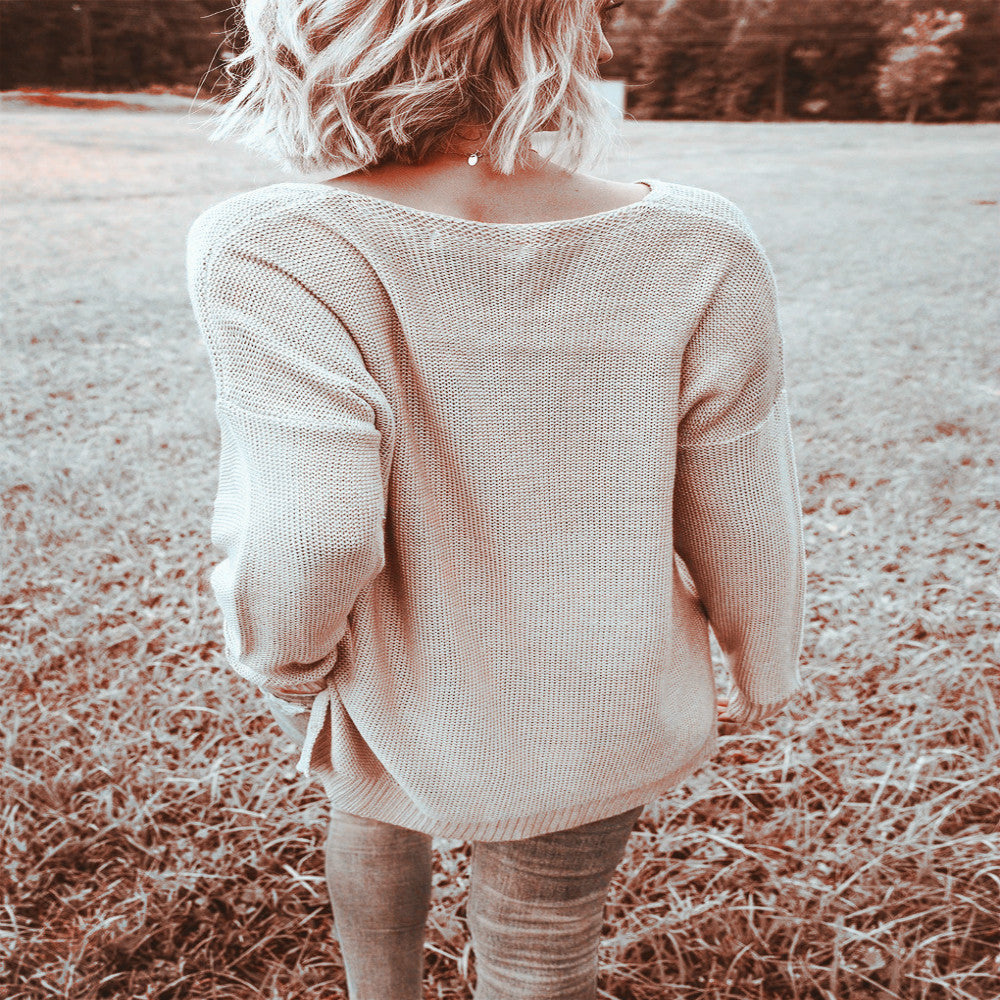 Damen lässiger V-Pullover mit offenen Schultern und lockerem Schnitt EB