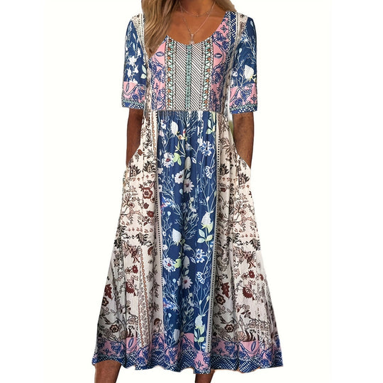 EB | Rundhalsausschnitt Kurzarm Bohemian Print Kleid Frauen