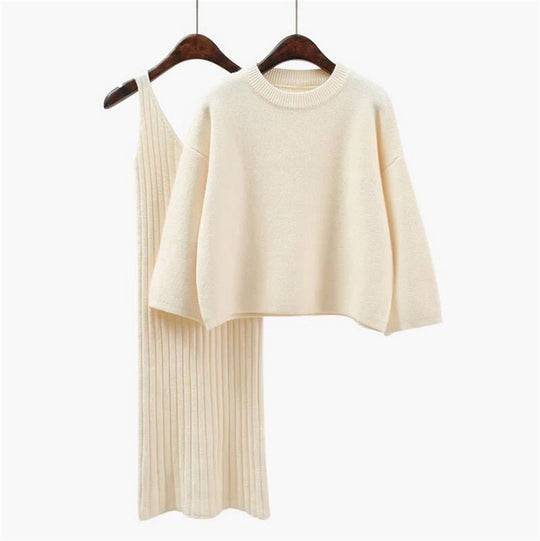 Damen Strick-Set mit lässigem Crop-Pullover und geripptem Maxikleid EB