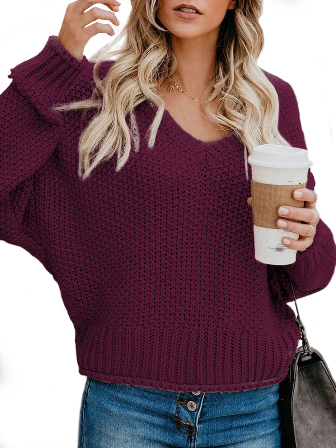 Damen lässiger Strickpullover mit V-Ausschnitt und weitem Schnitt EB