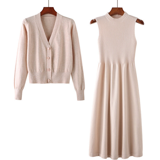 Damen Elegantes Strickkleid- und Cardigan-Set mit V-Ausschnitt und Rippstruktur EB