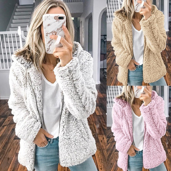 Damen nan kuschelige Teddy-Fleece Übergangsjacke mit Kapuze und Reißverschluss EB