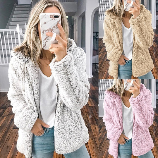 Damen nan kuschelige Teddy-Fleece Übergangsjacke mit Kapuze und Reißverschluss EB