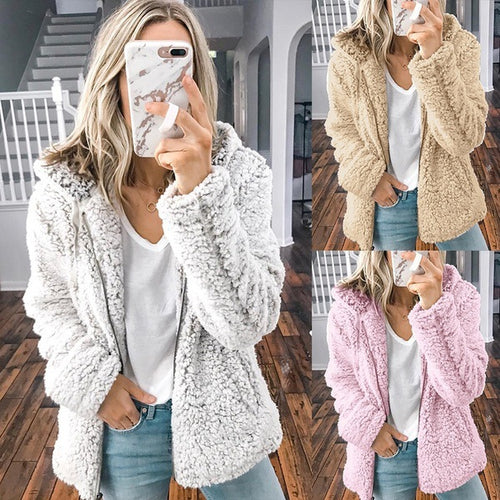 Damen nan kuschelige Teddy-Fleece Übergangsjacke mit Kapuze und Reißverschluss EB