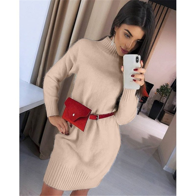 Damen Strickkleid mit hohem Kragen und Rippstruktur EB