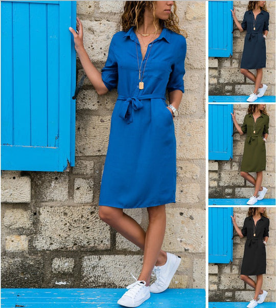 Damen Hemdkleid mit taillierbarem Bindegürtel und praktischen Taschen EB