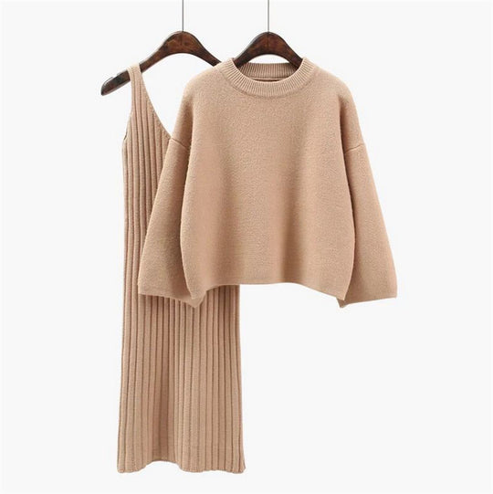 Damen Strick-Set mit lässigem Crop-Pullover und geripptem Maxikleid EB
