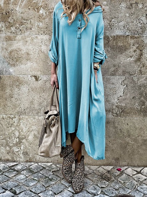 Damen komfortables Langarmkleid mit Knopfleiste und Seitentaschen EB
