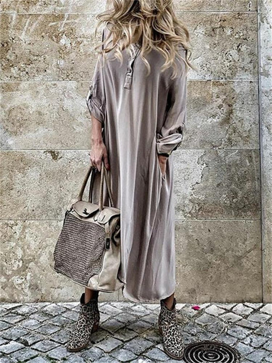 Damen komfortables Langarmkleid mit Knopfleiste und Seitentaschen EB