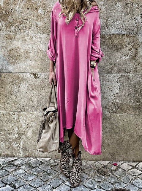 Damen komfortables Langarmkleid mit Knopfleiste und Seitentaschen EB