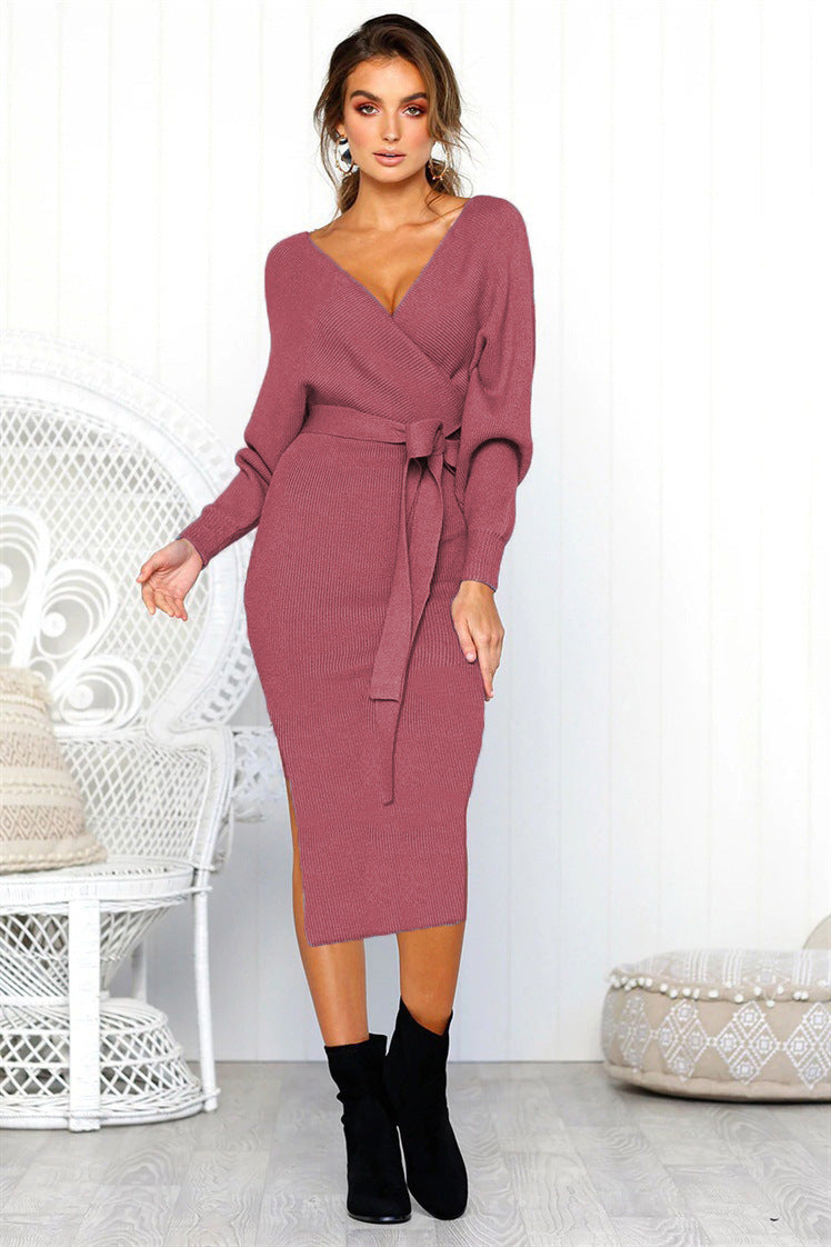 Damen Elegantes Wickelkleid mit einem Taillengürtel aus Strick EB