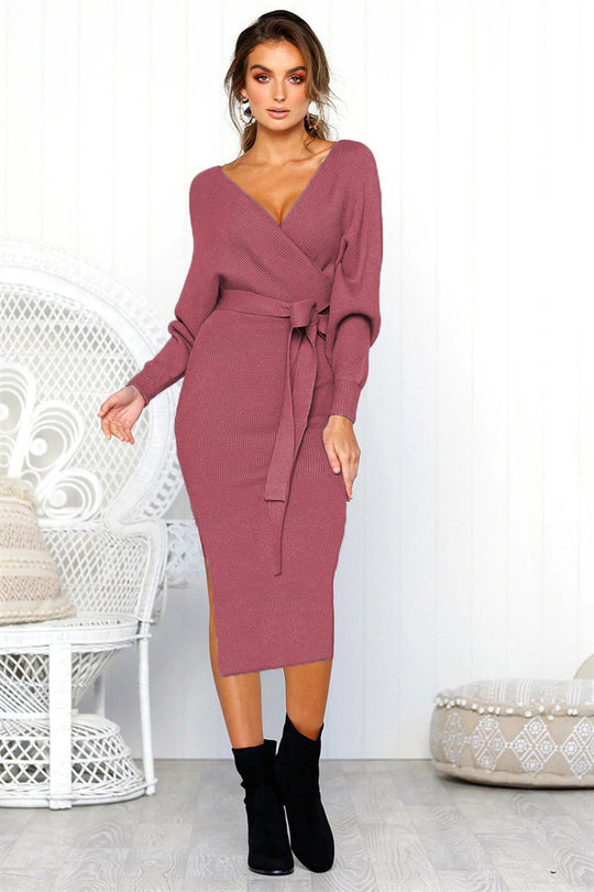 Damen Elegantes Wickelkleid mit einem Taillengürtel aus Strick EB