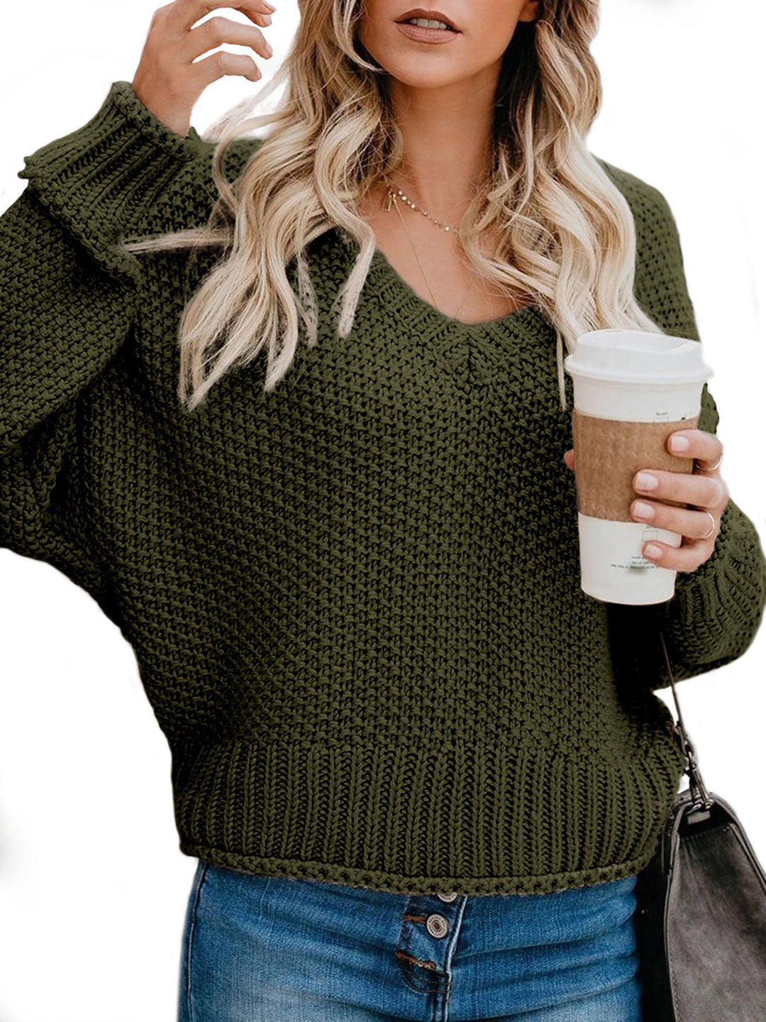 Damen Grobstrickpullover mit V-Ausschnitt und lässiger Passform EB