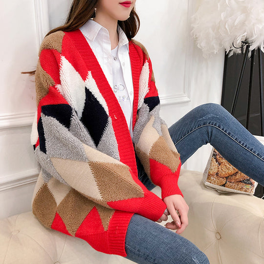 Damen lockerer Strickcardigan mit geometrischem Muster EB