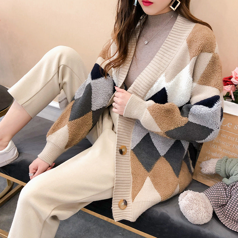 Damen lockerer Strickcardigan mit geometrischem Muster EB