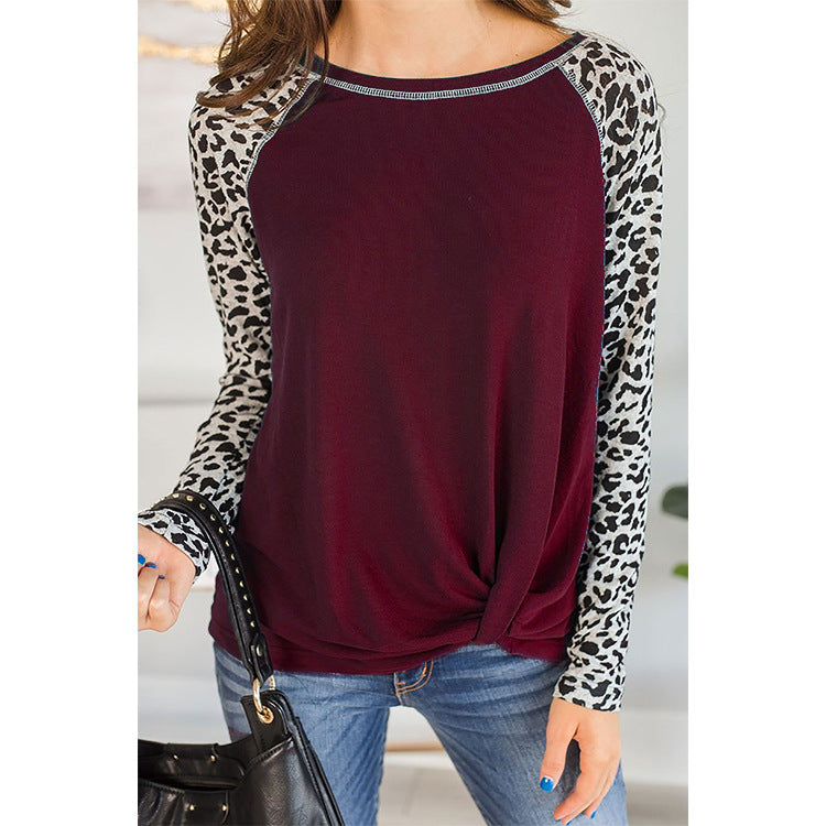 Damen Oberteil mit modischem Leopardenärmeln und lässigem Knoten-Design EB