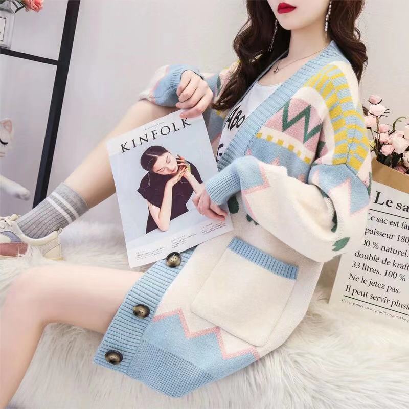 Damen Großer, gemusterter Strickcardigan mit Taschen und Knopfleiste EB