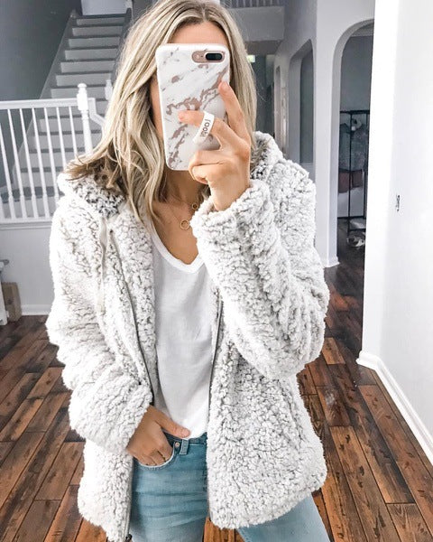 Damen nan kuschelige Teddy-Fleece Übergangsjacke mit Kapuze und Reißverschluss EB