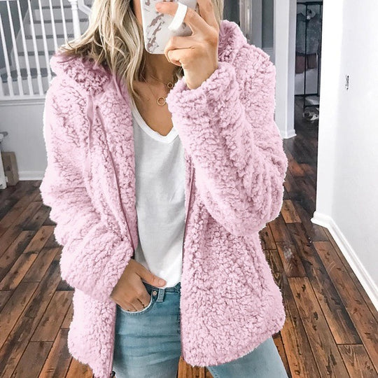 Damen nan kuschelige Teddy-Fleece Übergangsjacke mit Kapuze und Reißverschluss EB
