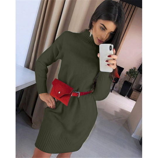 Damen Strickkleid mit hohem Kragen und Rippstruktur EB