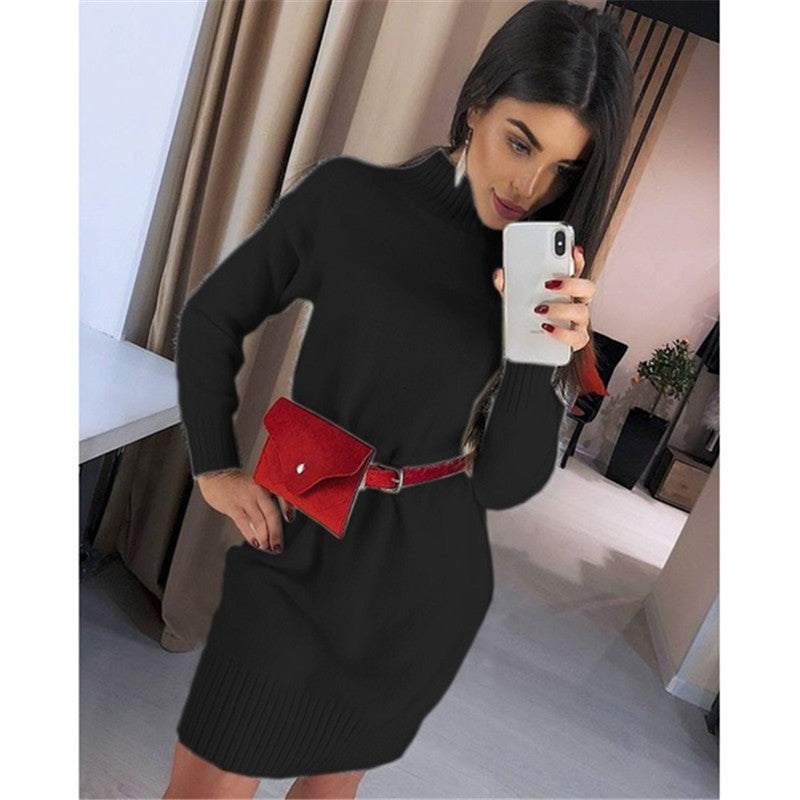 Damen Strickkleid mit hohem Kragen und Rippstruktur EB